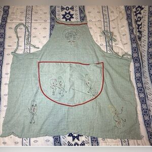 Vtg 1950s Anthropomorphic Vegetable Embroidery Apron Mint Green Linen Kitsch 32”